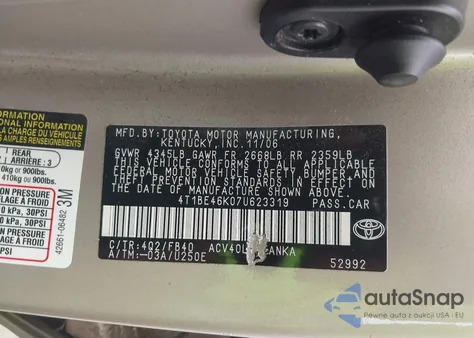 2007 Toyota Camry Le z USA, uszkodzony, nr VIN 4T1BE46K07U623319